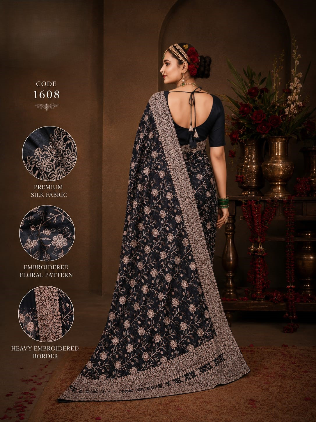 Midnight Black purple Premium Silk Saree with Heavy Floral Embroidery Border