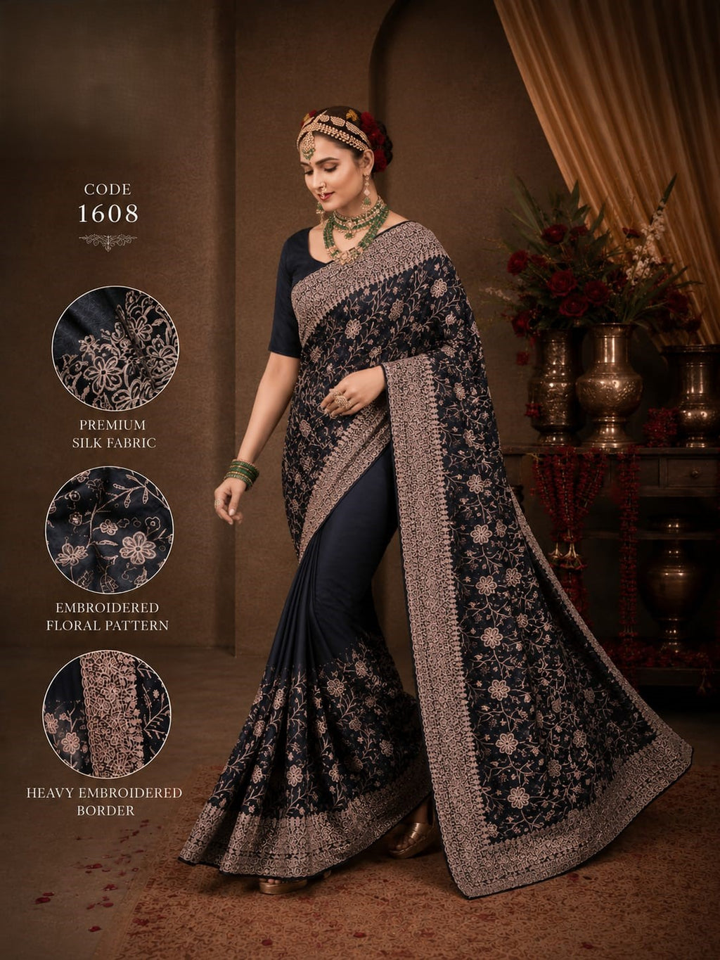 Midnight Black purple Premium Silk Saree with Heavy Floral Embroidery Border