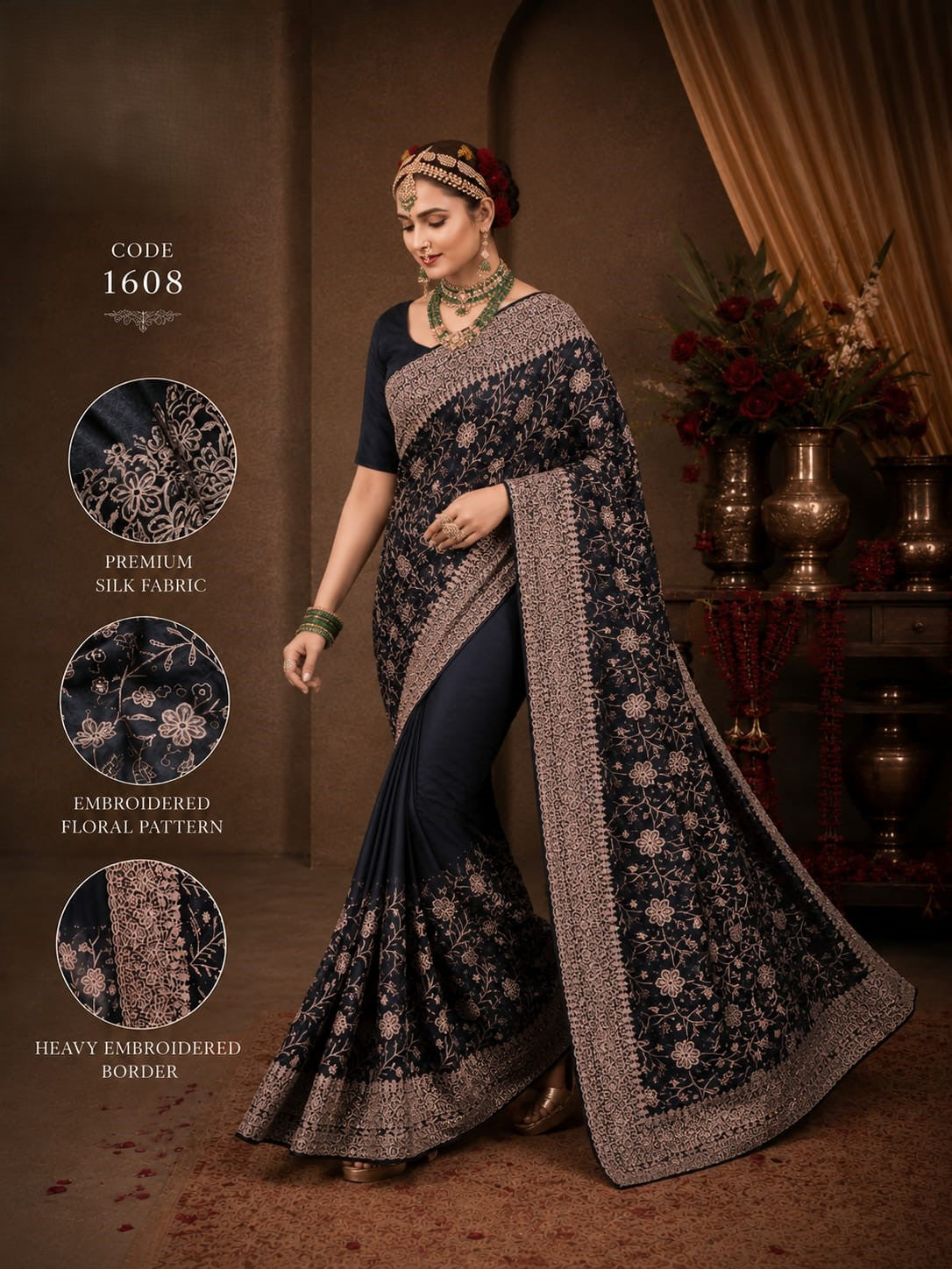 Midnight Black purple Premium Silk Saree with Heavy Floral Embroidery Border