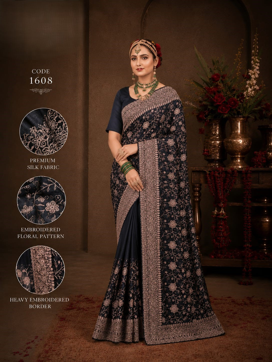 Midnight Black purple Premium Silk Saree with Heavy Floral Embroidery Border