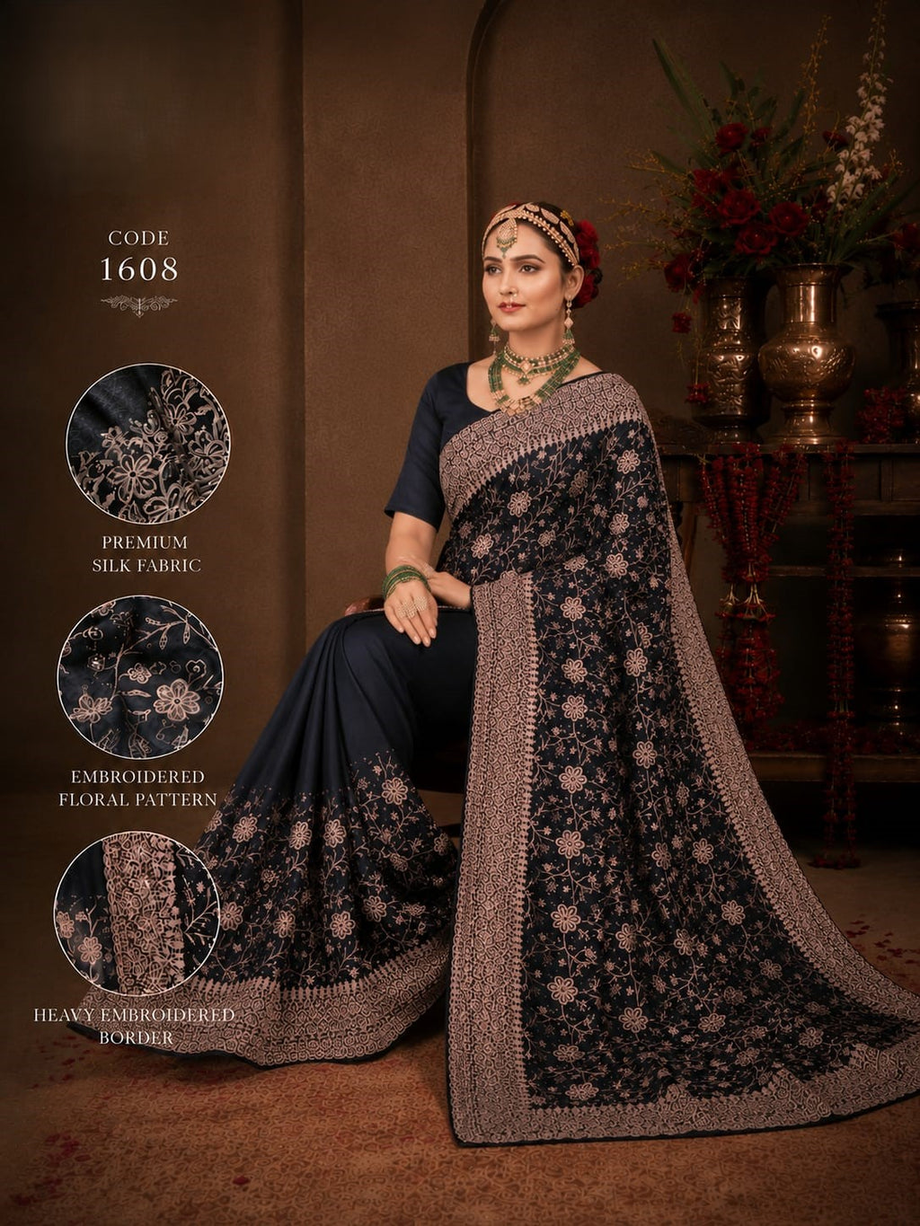 Midnight Black purple Premium Silk Saree with Heavy Floral Embroidery Border