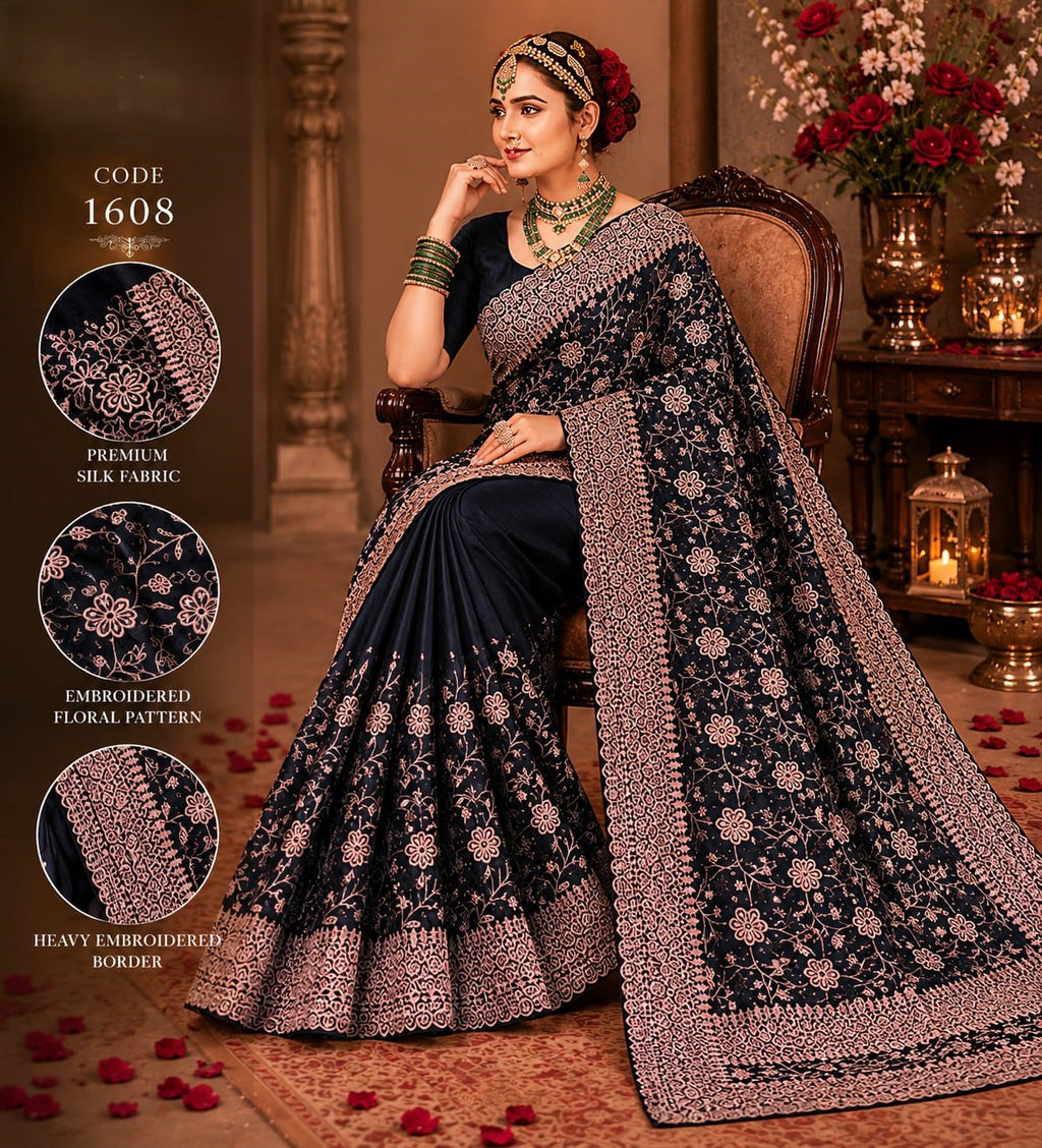 Midnight Black purple Premium Silk Saree with Heavy Floral Embroidery Border