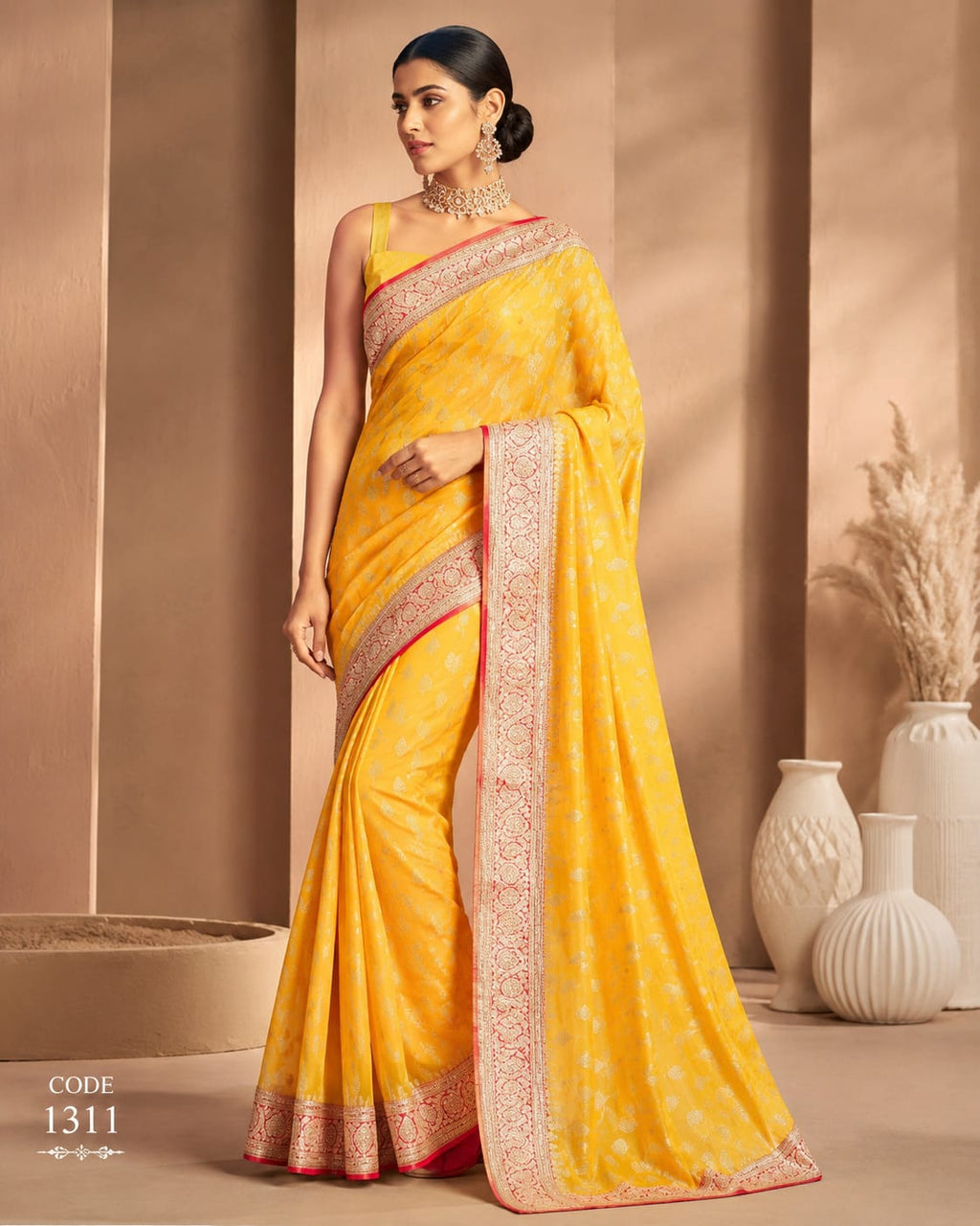 Sunshine Yellow Banarasi Silk Blend Saree with Elegant Zari Border