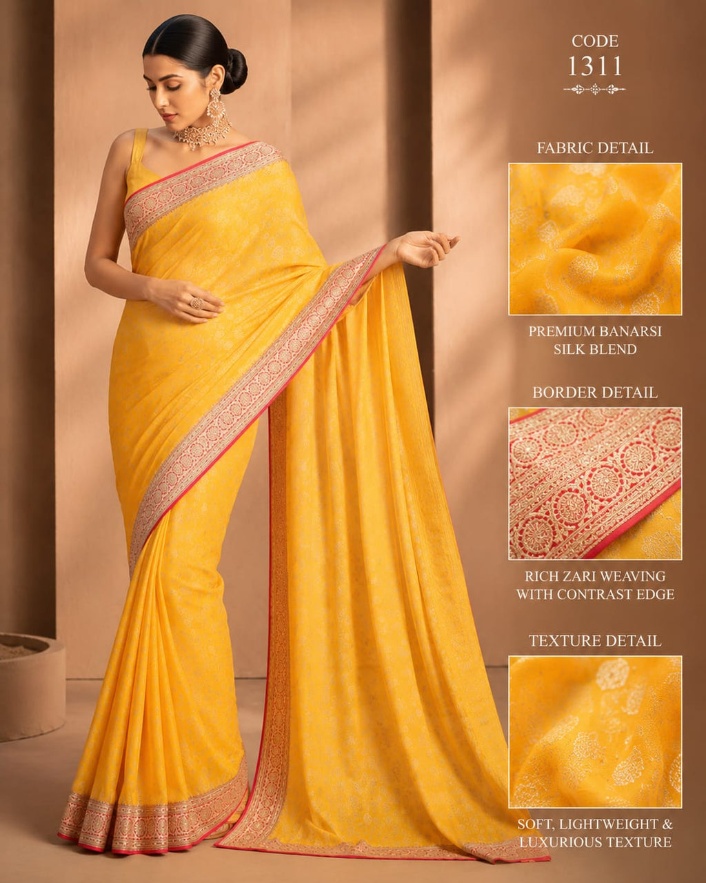 Sunshine Yellow Banarasi Silk Blend Saree with Elegant Zari Border