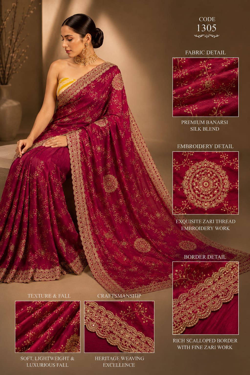 Royal Wine Banarasi Silk Blend Saree with Intricate Zari Embroidery