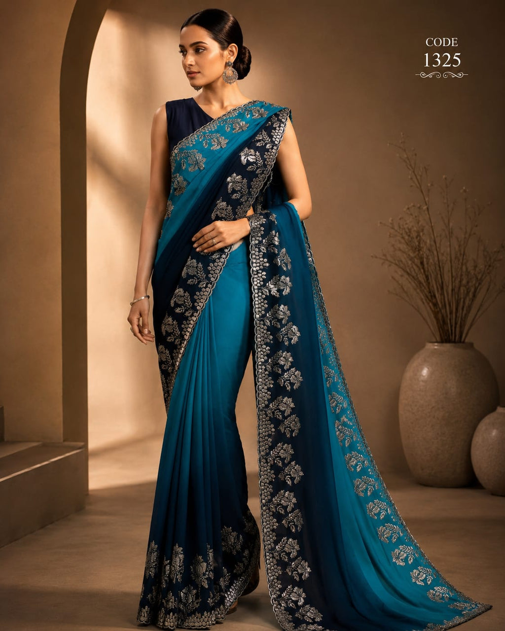 Royal Teal & Navy Blue Embroidered Designer Saree with Metallic Floral Border