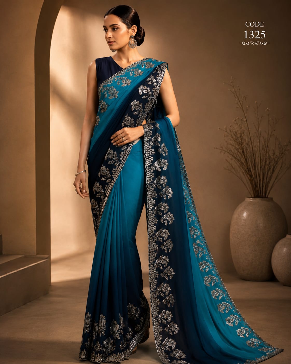Royal Teal & Navy Blue Embroidered Designer Saree with Metallic Floral Border