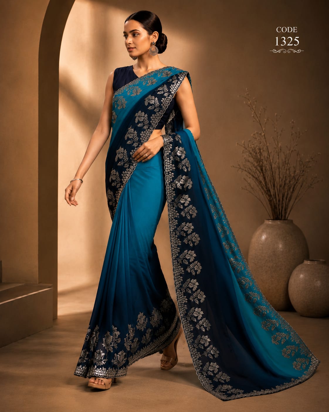 Royal Teal & Navy Blue Embroidered Designer Saree with Metallic Floral Border
