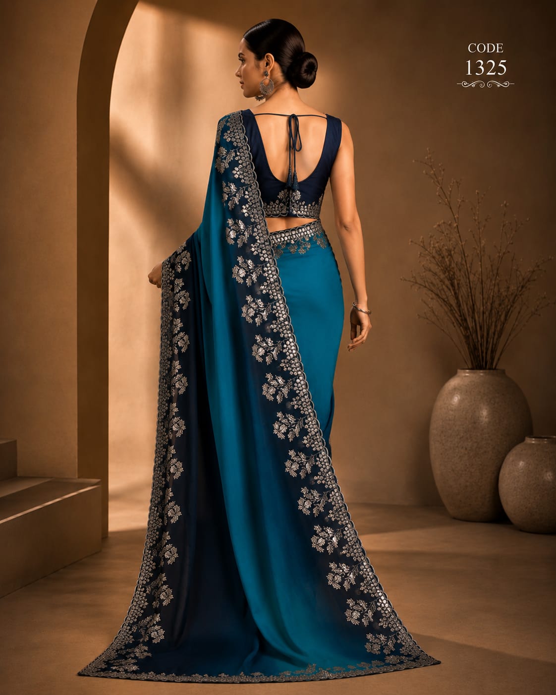 Royal Teal & Navy Blue Embroidered Designer Saree with Metallic Floral Border