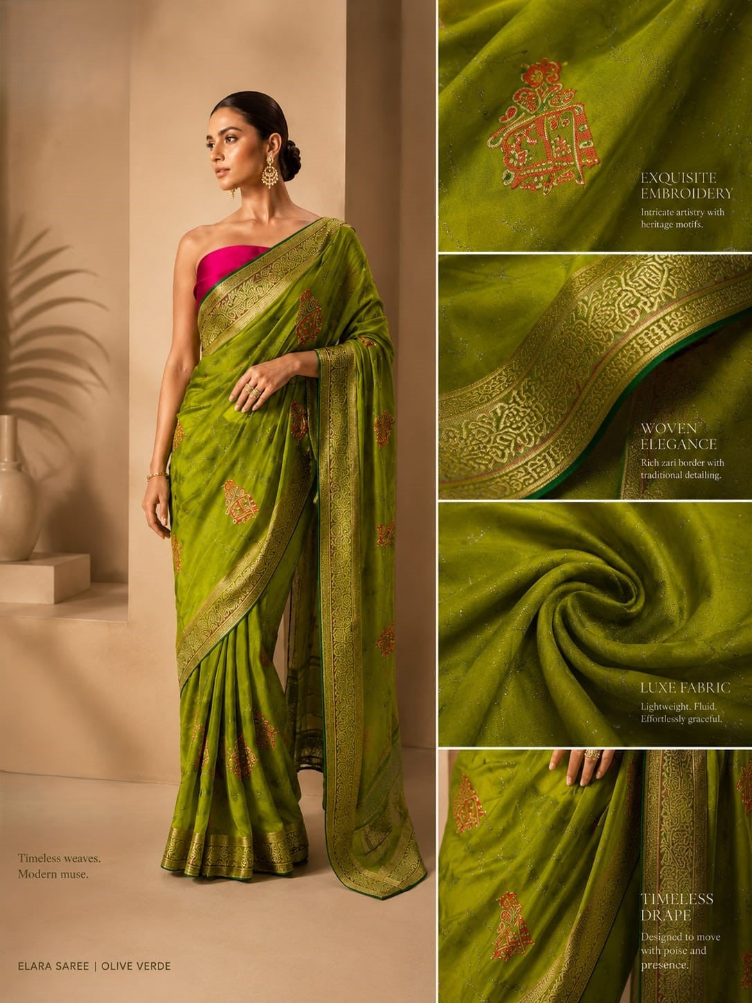 Elara Saree in Olive Verde – Lightweight Embroidered Saree with Zari Border