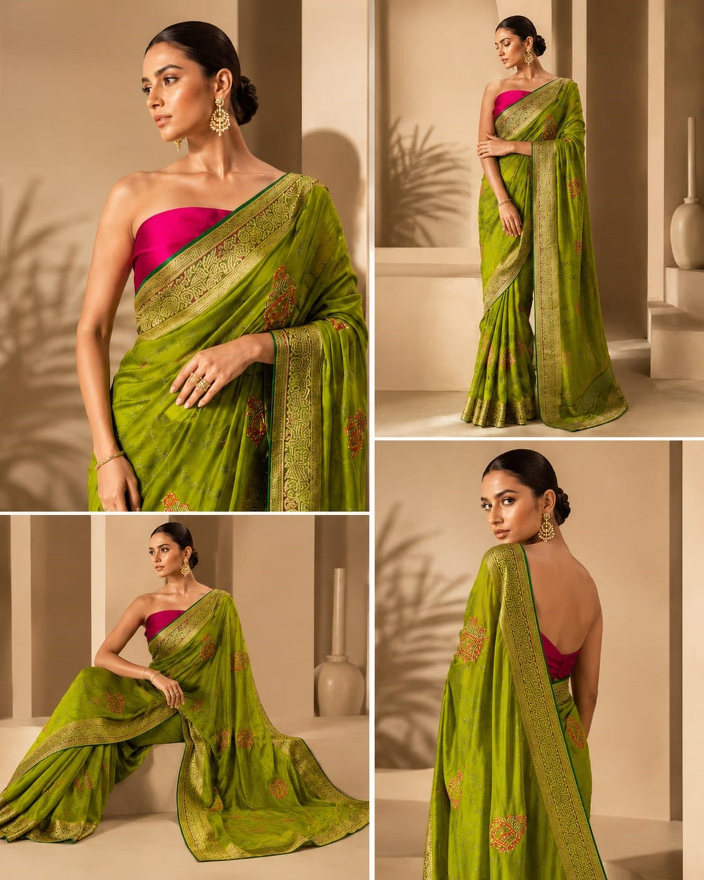 Elara Saree in Olive Verde – Lightweight Embroidered Saree with Zari Border