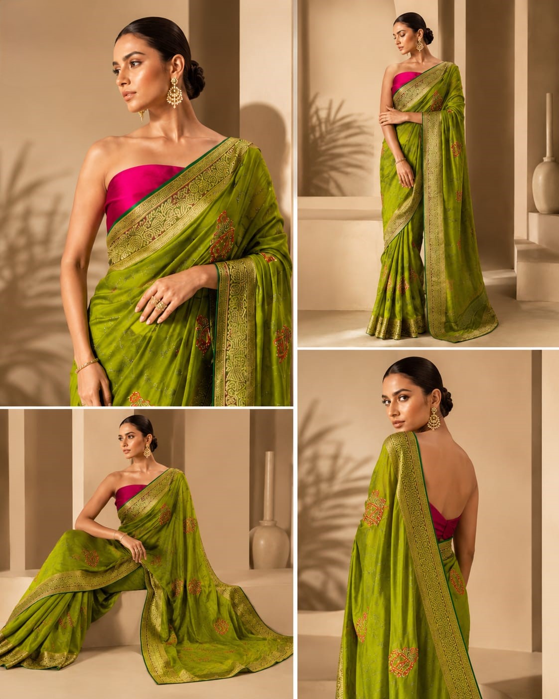 Elara Saree in Olive Verde – Lightweight Embroidered Saree with Zari Border