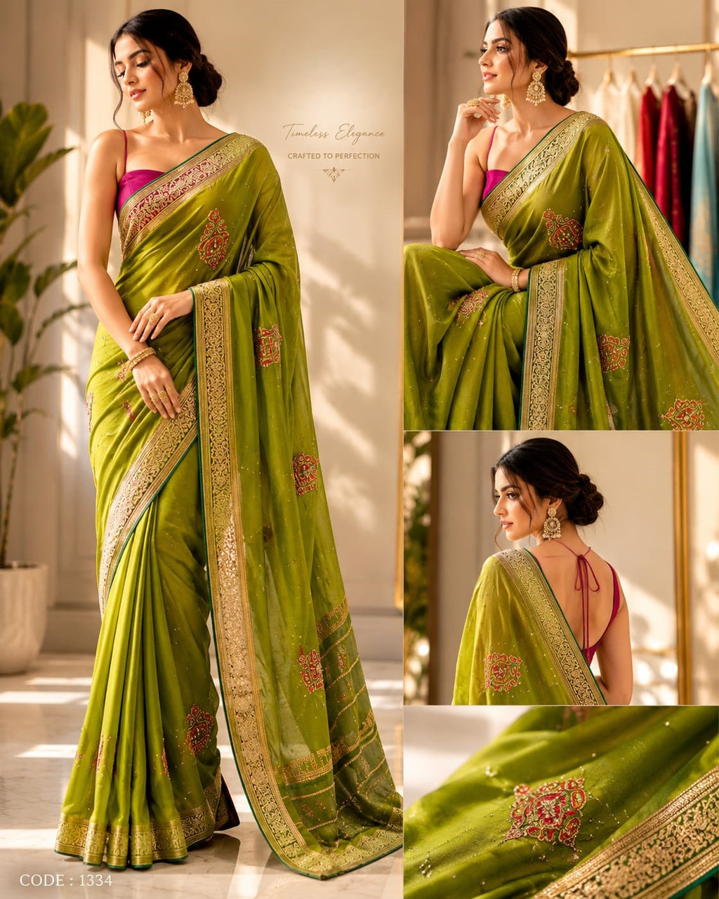 Elara Saree in Olive Verde – Lightweight Embroidered Saree with Zari Border