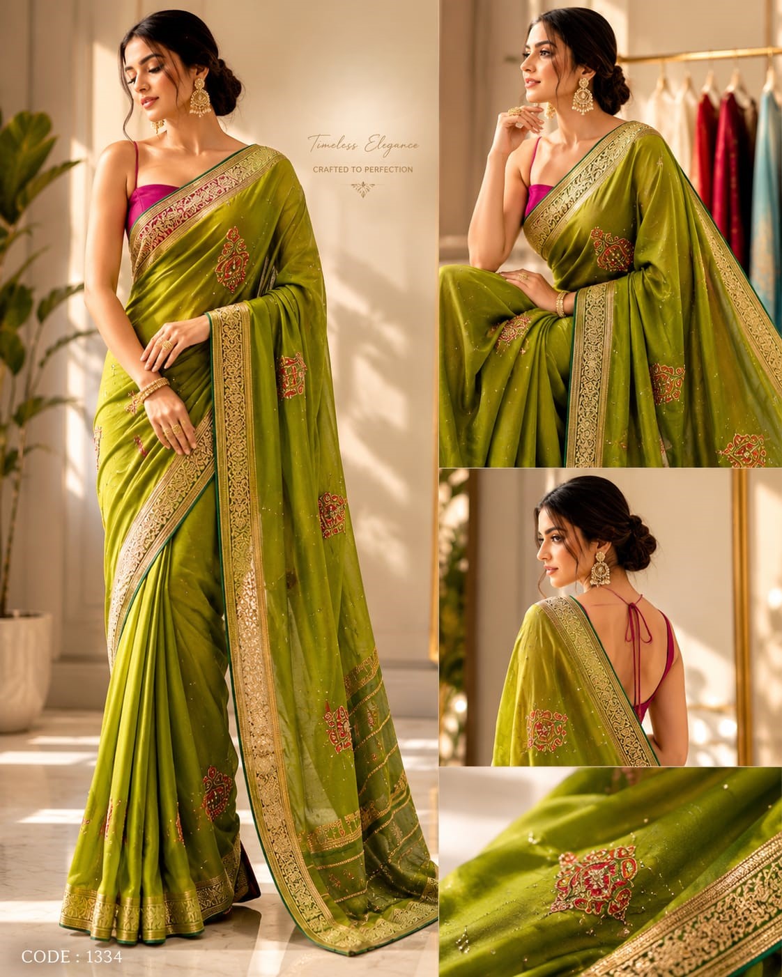 Elara Saree in Olive Verde – Lightweight Embroidered Saree with Zari Border