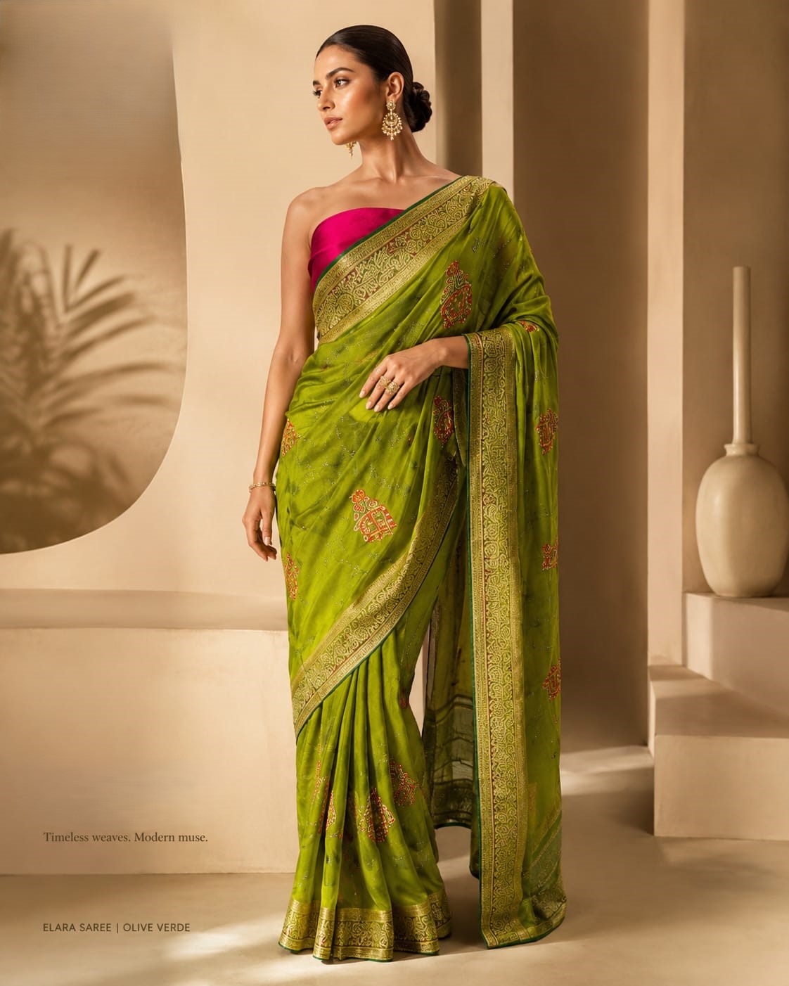 Elara Saree in Olive Verde – Lightweight Embroidered Saree with Zari Border
