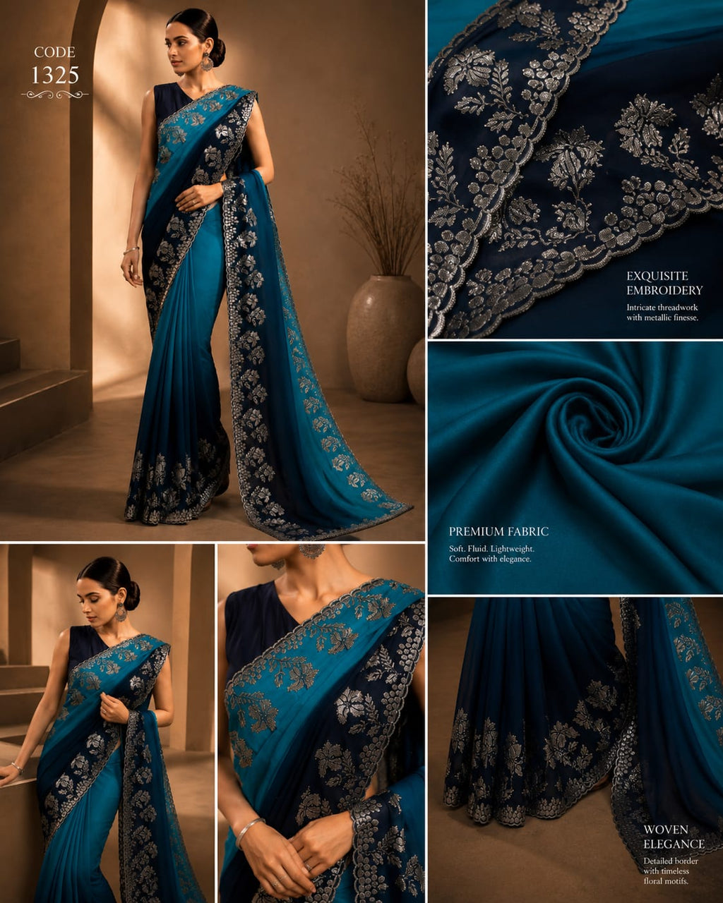 Royal Teal & Navy Blue Embroidered Designer Saree with Metallic Floral Border