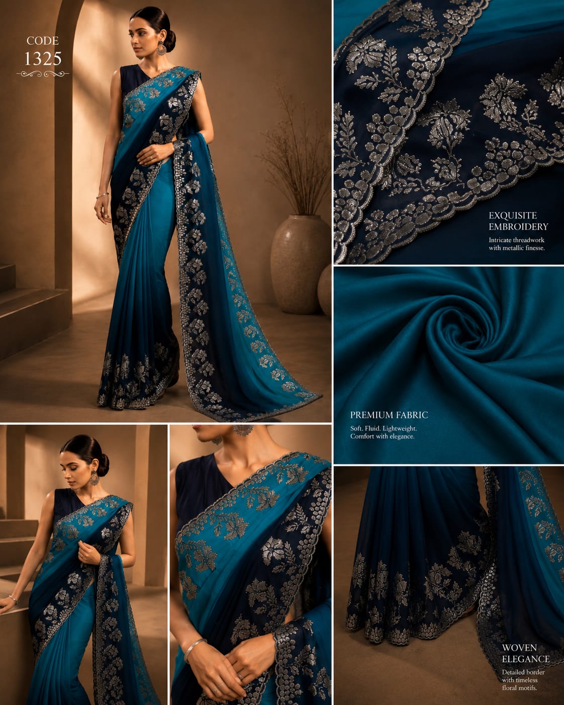 Royal Teal & Navy Blue Embroidered Designer Saree with Metallic Floral Border