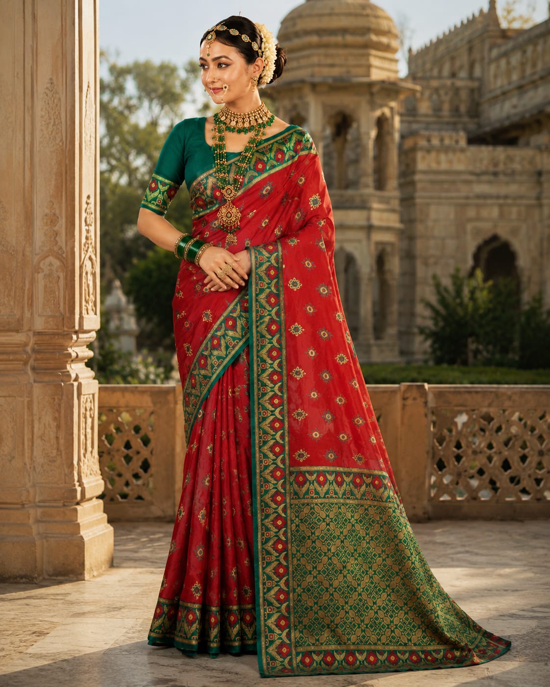 Red Tant Silk Saree with Green Embroidered Border