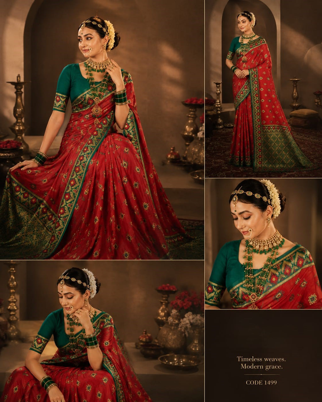 Red Tant Silk Saree with Green Embroidered Border