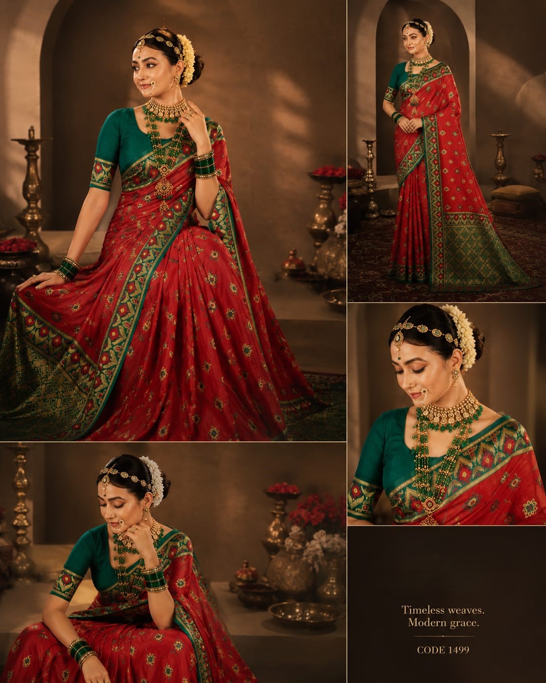 Red Tant Silk Saree with Green Embroidered Border
