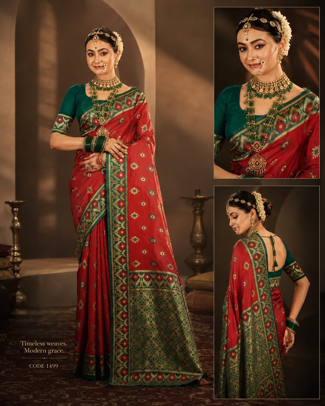 Red Tant Silk Saree with Green Embroidered Border
