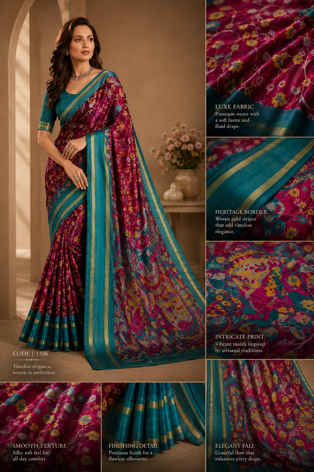 Vibrant Floral Print Silk Saree with Zari Stripe