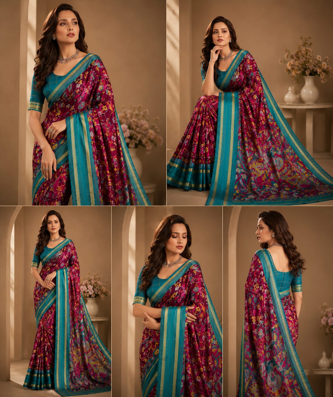 Vibrant Floral Print Silk Saree with Zari Stripe