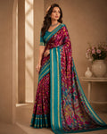 Vibrant Floral Print Silk Saree with Zari Stripe