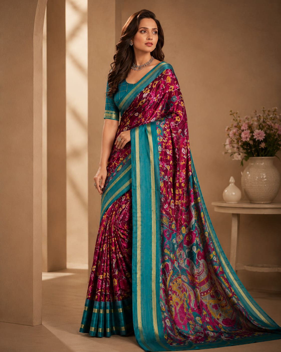 Vibrant Floral Print Silk Saree with Zari Stripe