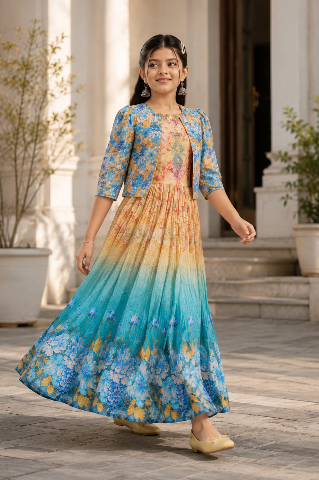 Kids Floral Print Lehenga Gown and Jacket Set