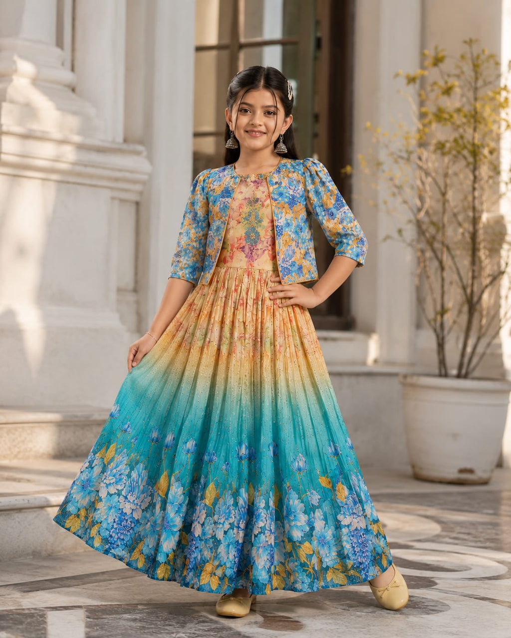 Kids Floral Print Lehenga Gown and Jacket Set