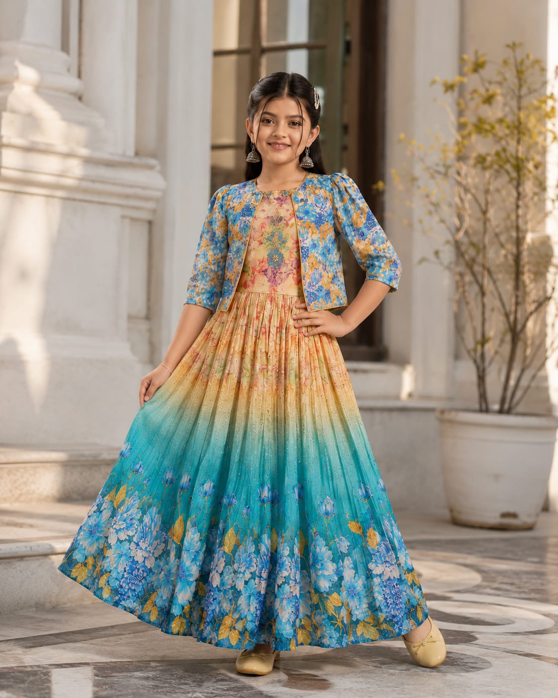 Kids Floral Print Lehenga Gown and Jacket Set