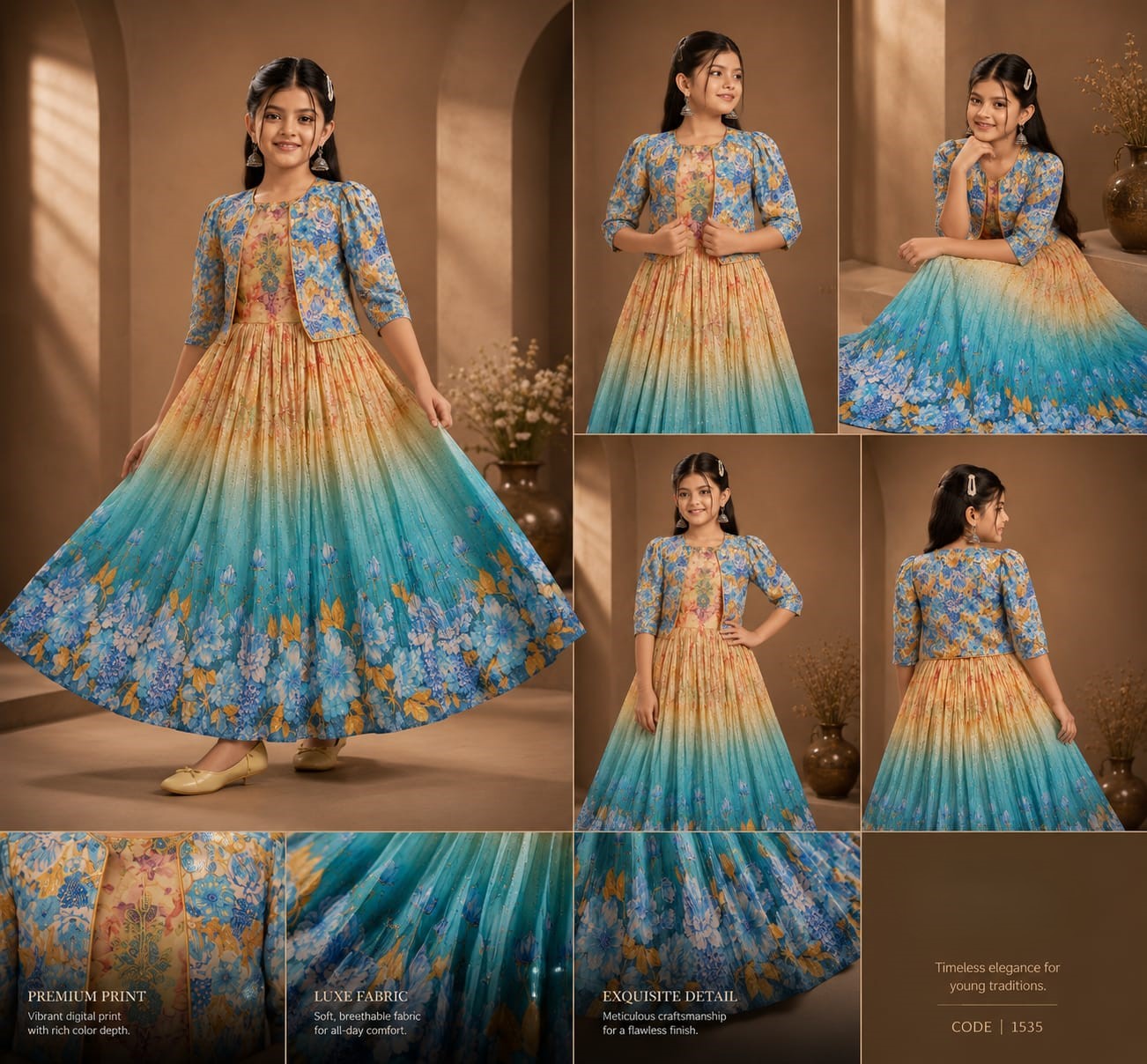 Kids Floral Print Lehenga Gown and Jacket Set
