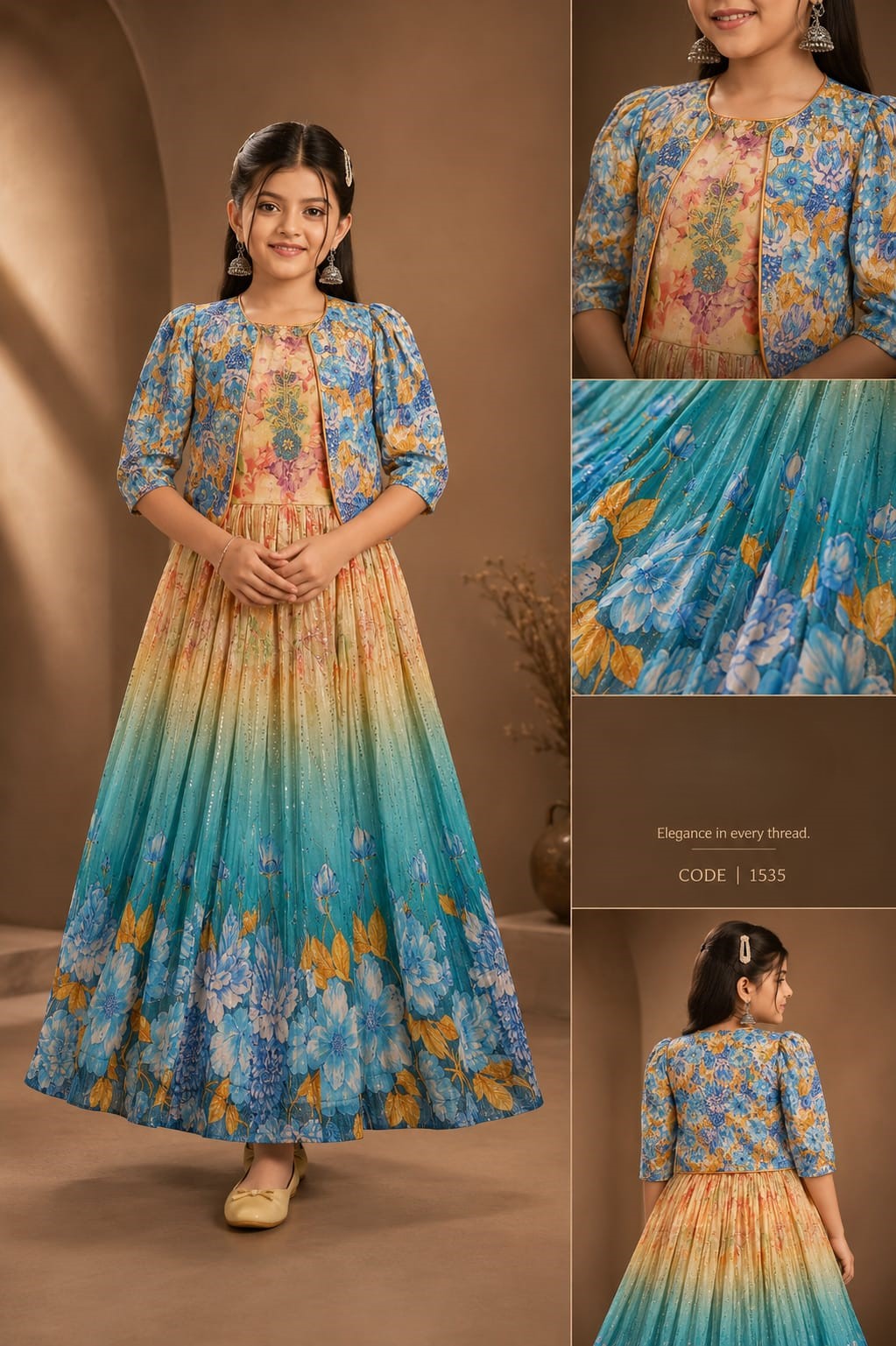 Kids Floral Print Lehenga Gown and Jacket Set