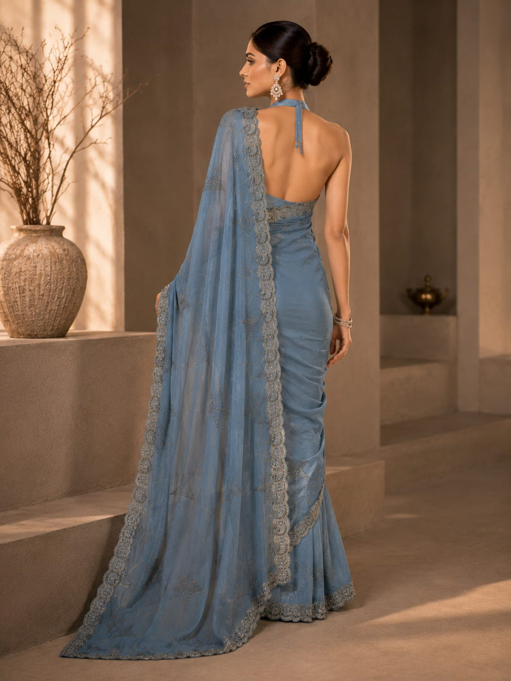 Powder Blue Cocktail Saree with Silver Sequin Work