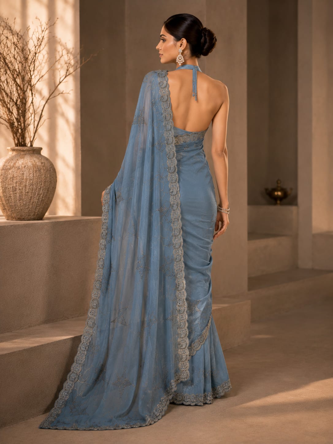 Powder Blue Cocktail Saree with Silver Sequin Work