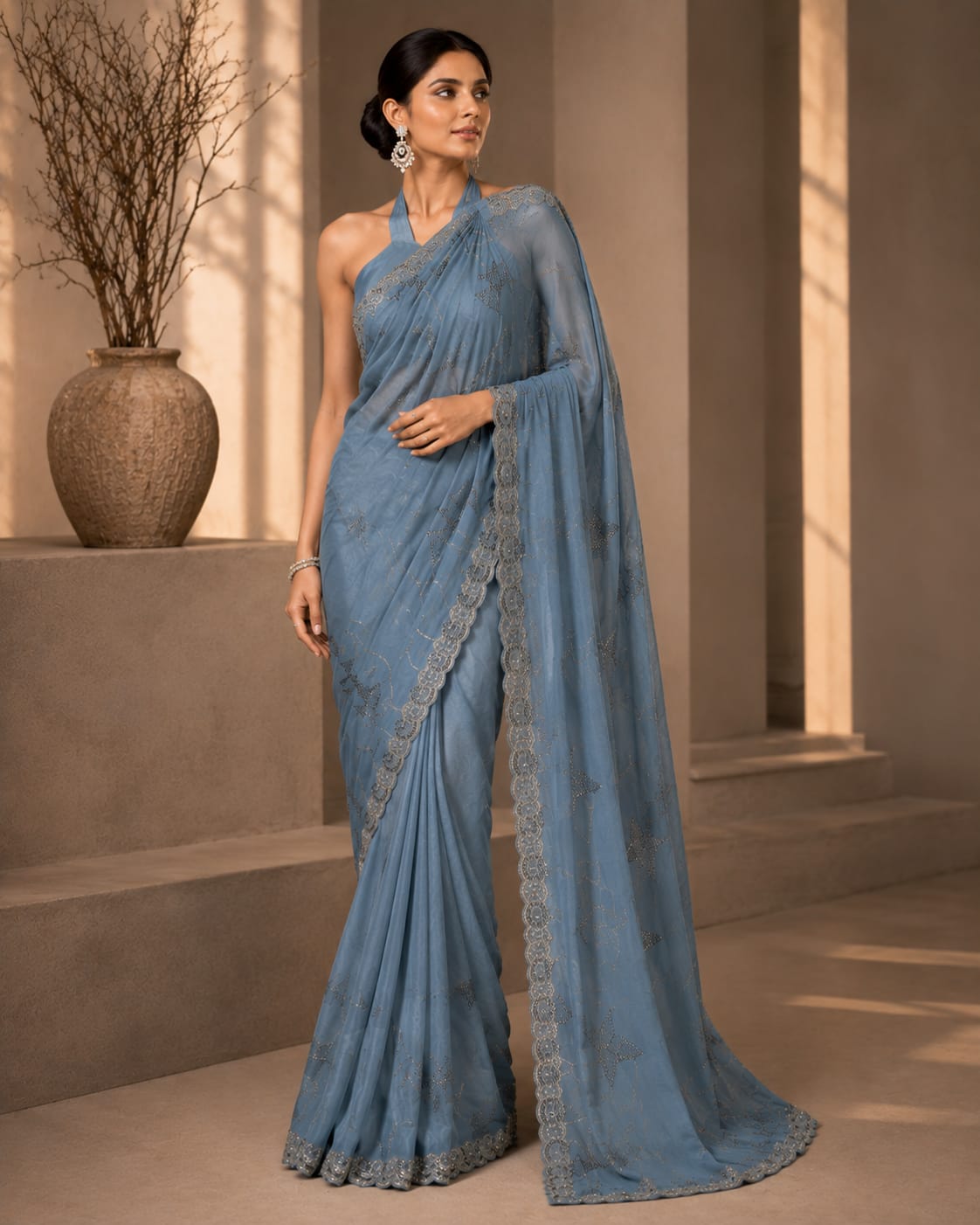 Powder Blue Cocktail Saree with Silver Sequin Work