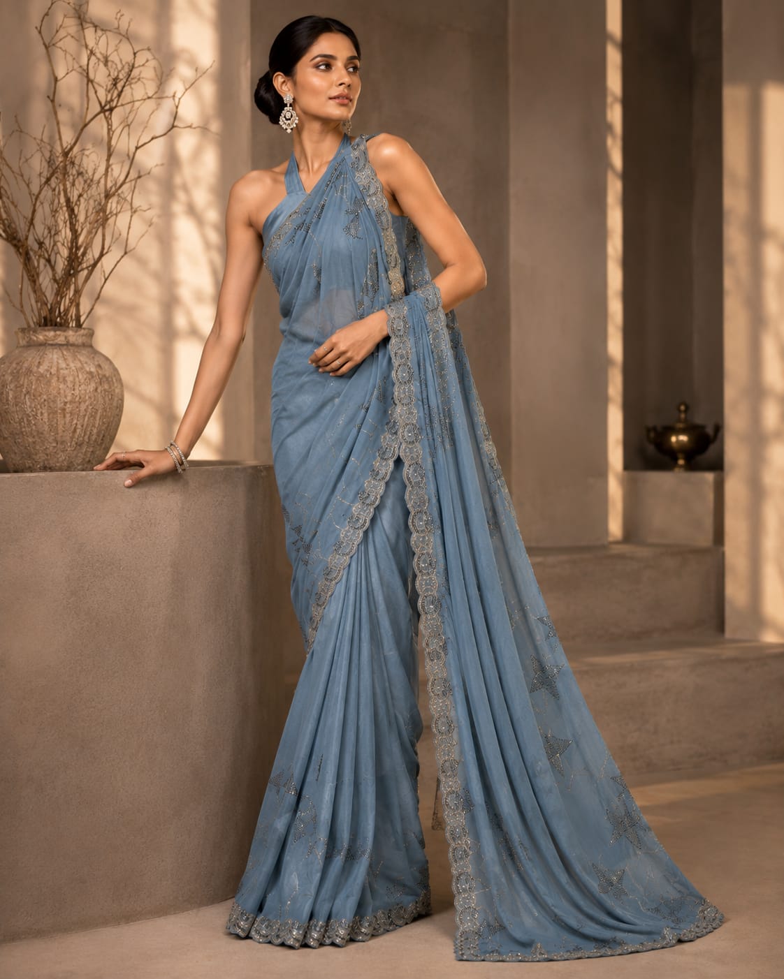 Powder Blue Cocktail Saree with Silver Sequin Work