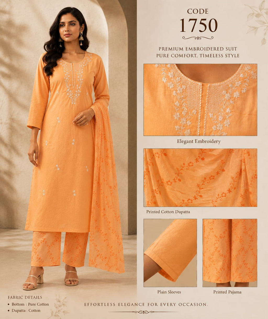 Premium Peach Embroidered Pure Cotton Suit Set with Printed Dupatta
