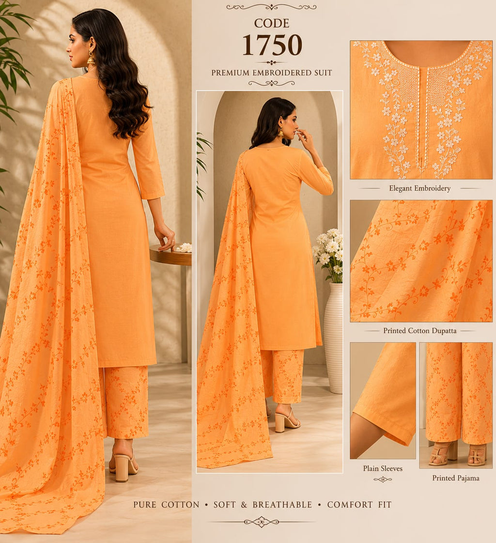 Premium Peach Embroidered Pure Cotton Suit Set with Printed Dupatta