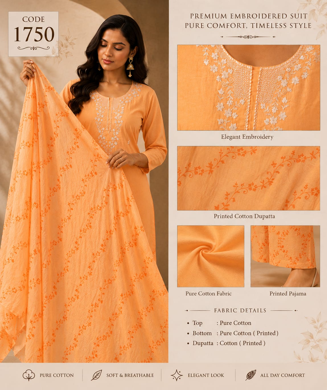 Premium Peach Embroidered Pure Cotton Suit Set with Printed Dupatta