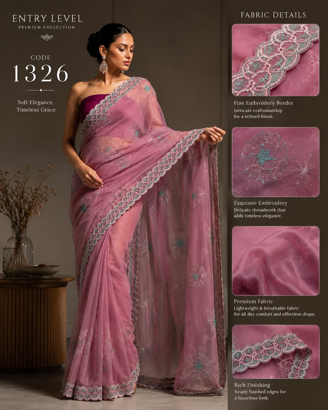 Premium Mauve Pink Saree with Fine Embroidery Border & Exquisite Threadwork