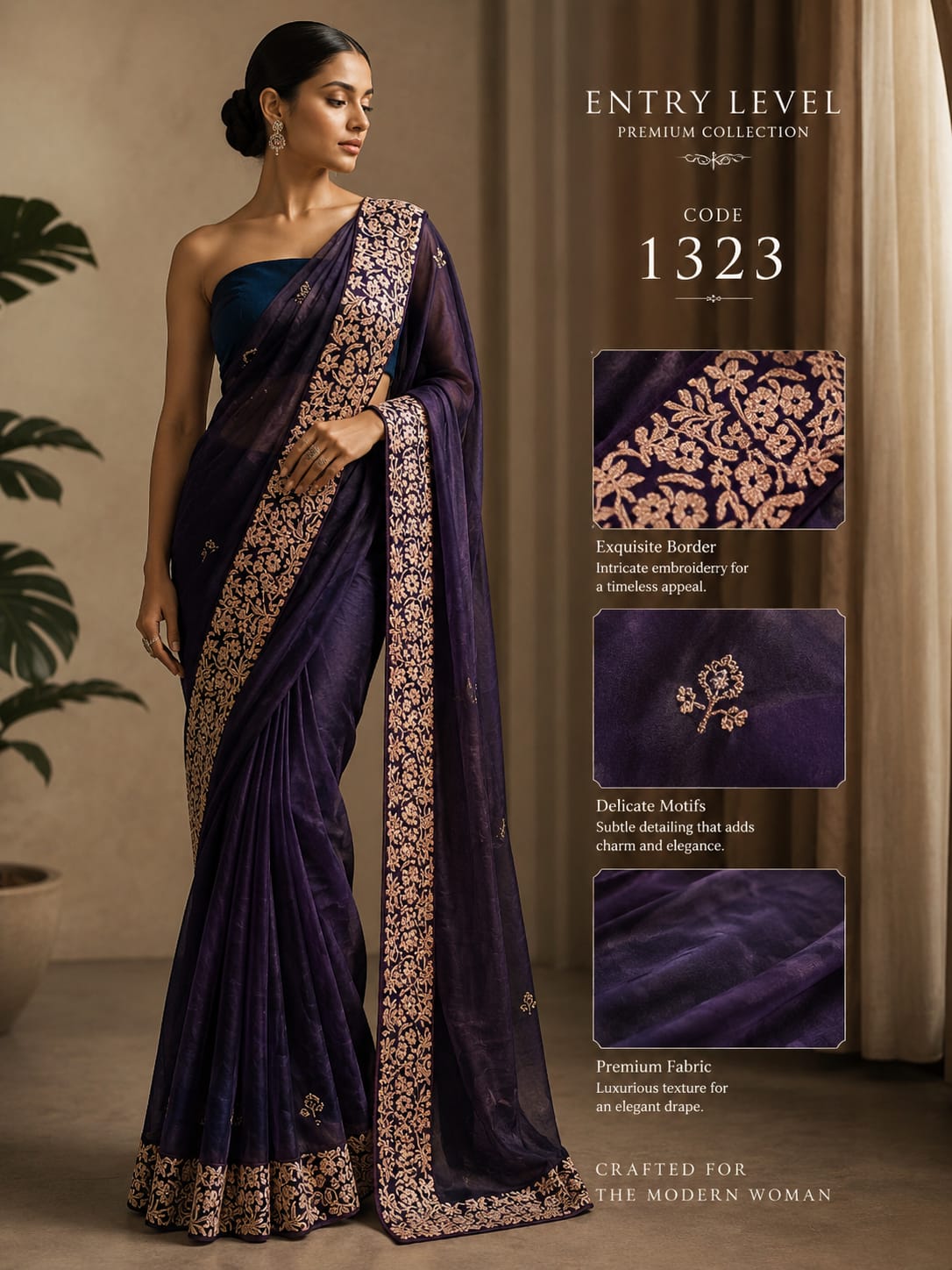 Premium Deep Purple Embroidered Saree with Intricate Border & Motifs