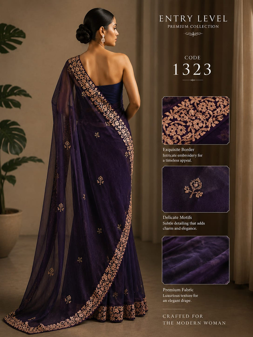 Premium Deep Purple Embroidered Saree with Intricate Border & Motifs