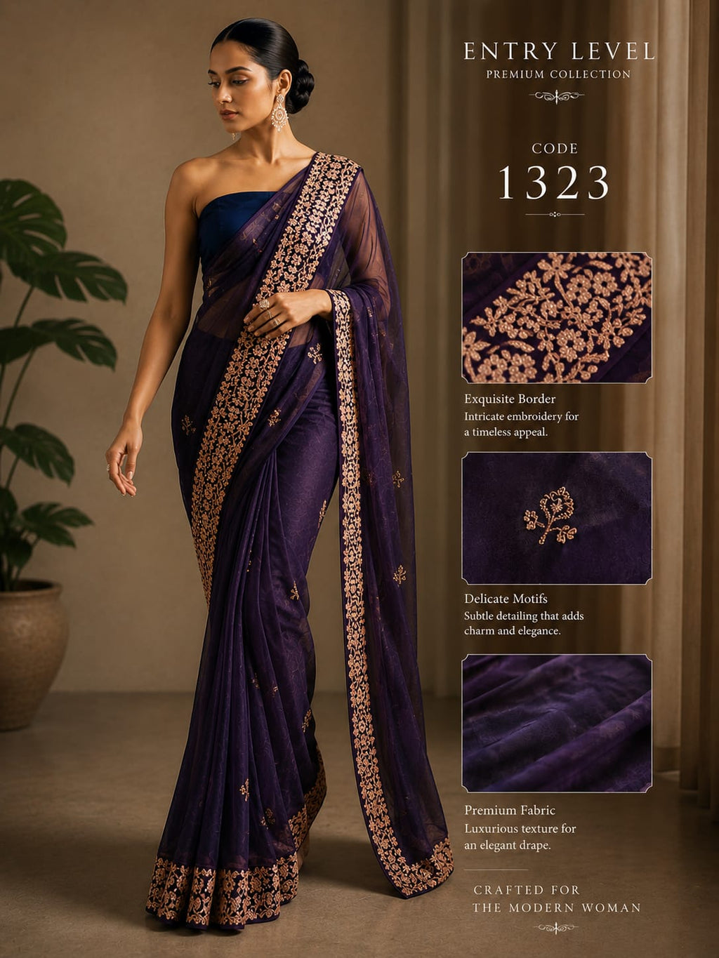 Premium Deep Purple Embroidered Saree with Intricate Border & Motifs