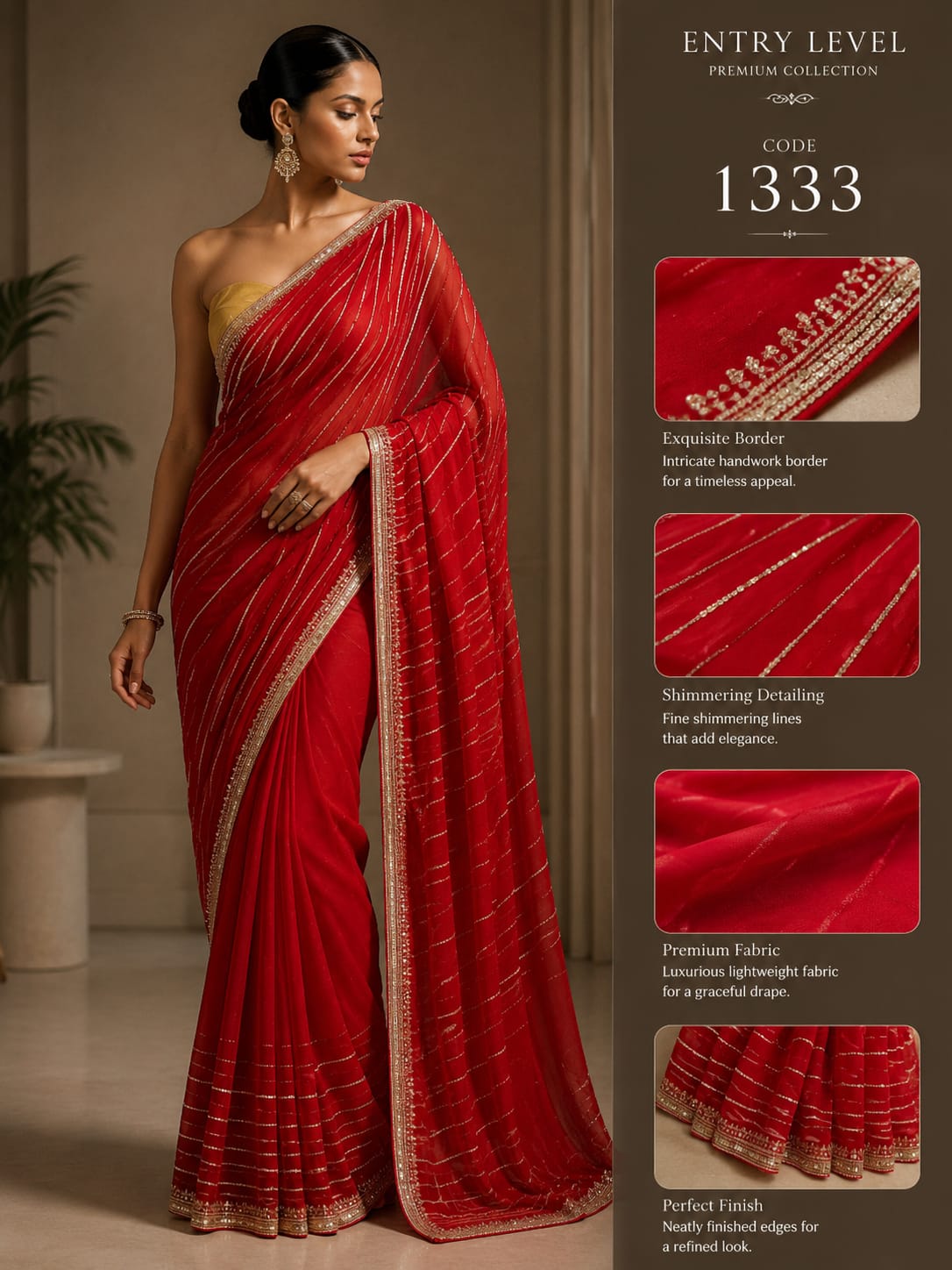 Premium Crimson Red Saree with Shimmering Lines & Handwork Border
