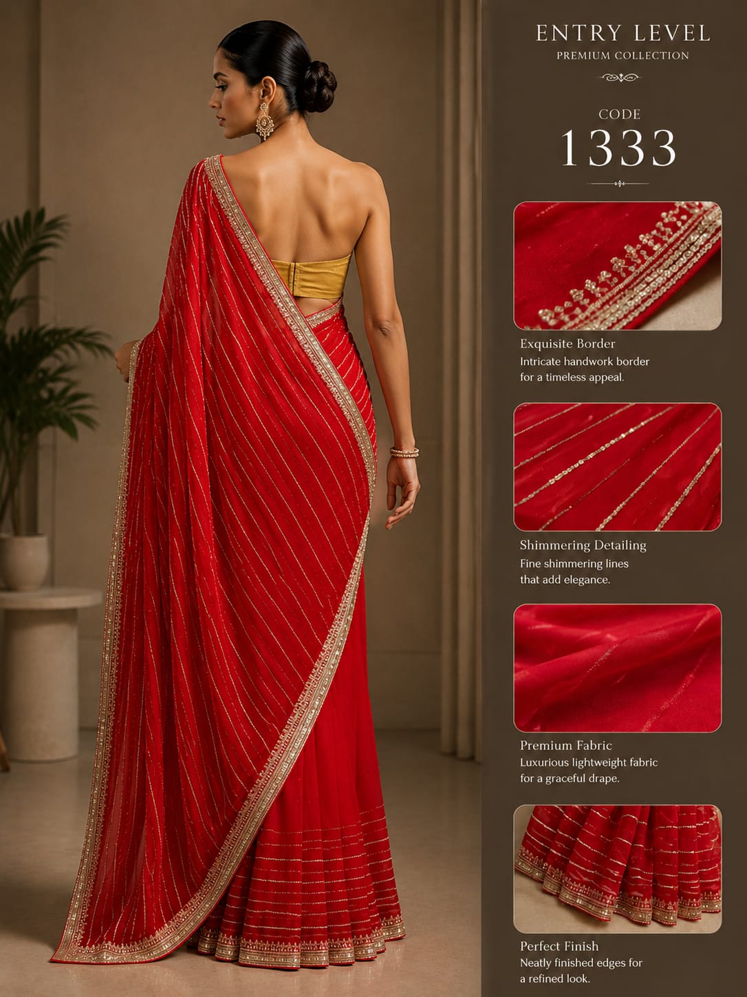 Premium Crimson Red Saree with Shimmering Lines & Handwork Border
