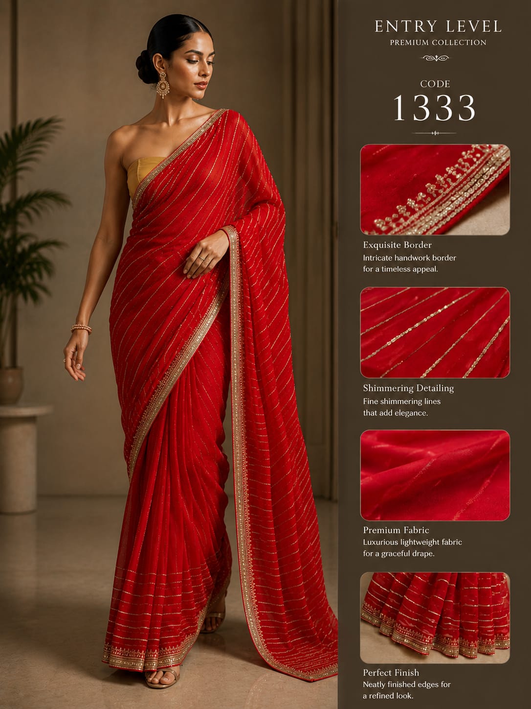 Premium Crimson Red Saree with Shimmering Lines & Handwork Border
