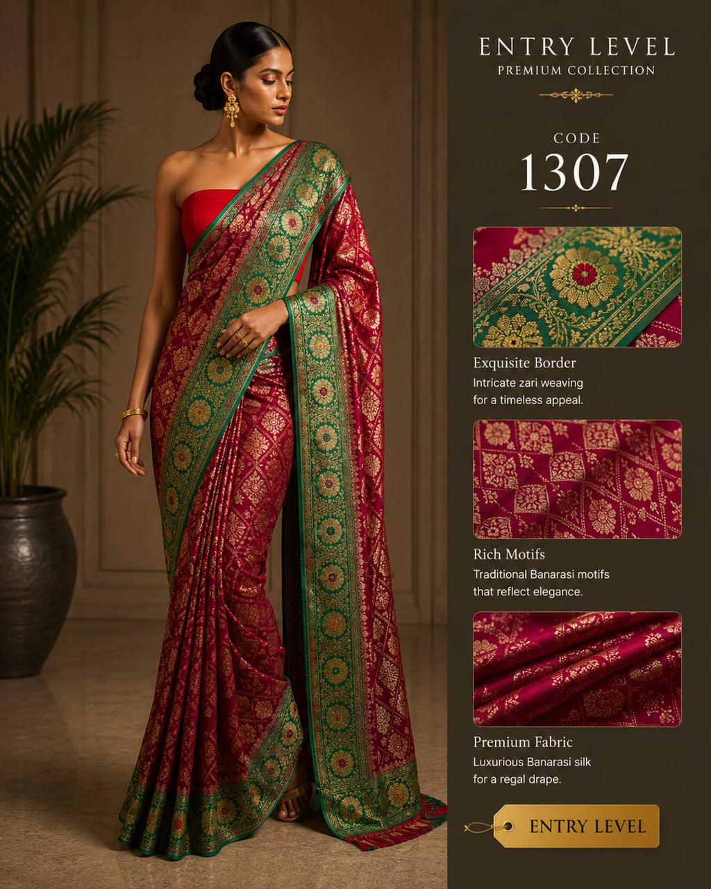 Premium Maroon Banarasi Silk Saree with Green Zari Border & Traditional Motifs