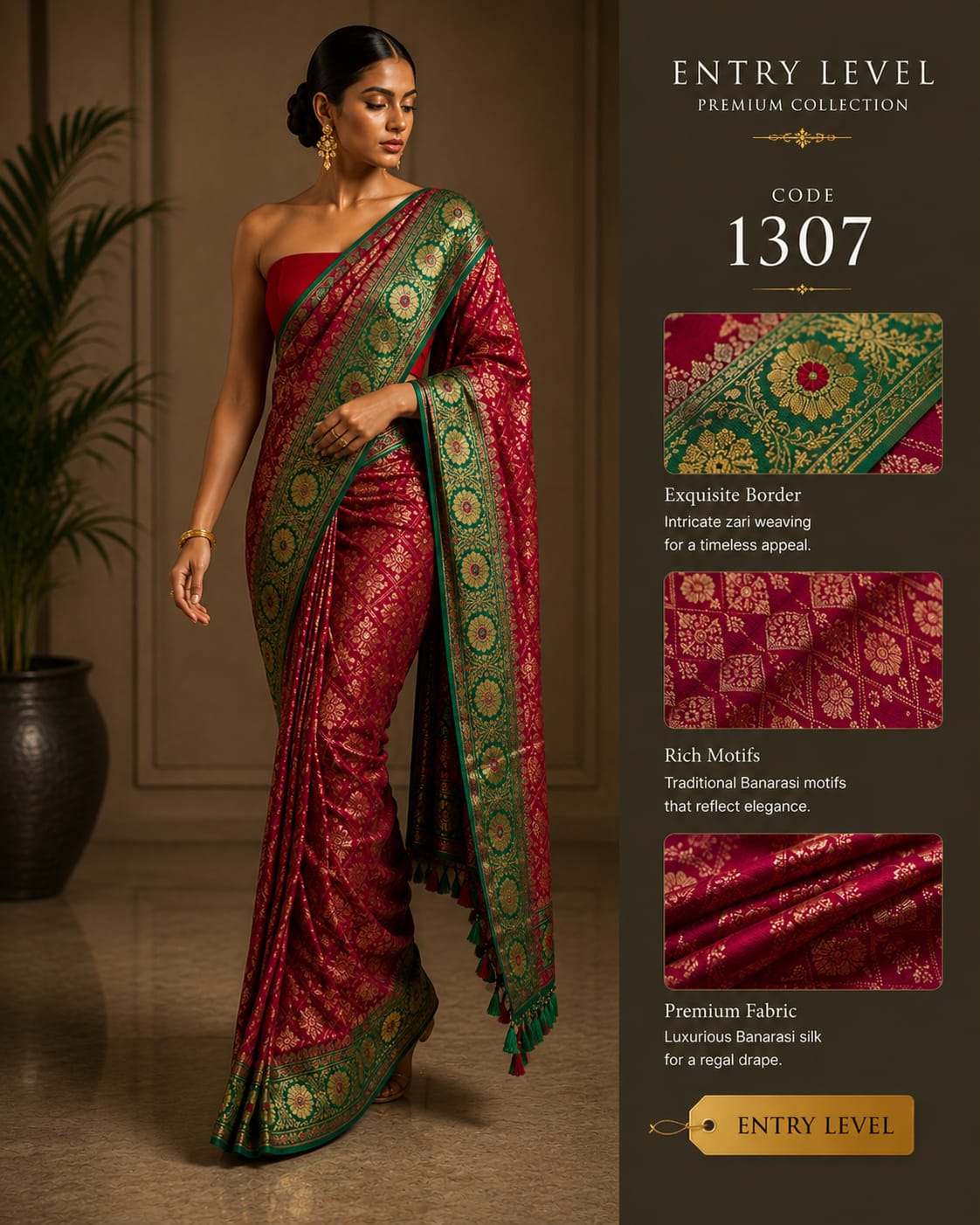 Premium Maroon Banarasi Silk Saree with Green Zari Border & Traditional Motifs